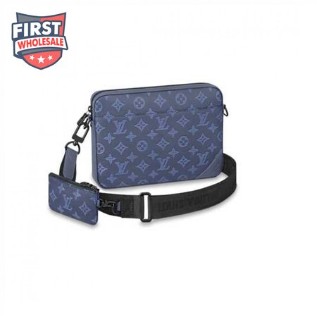 duo messenger bag navy blue monogram shadow cowhide leather - mb01
