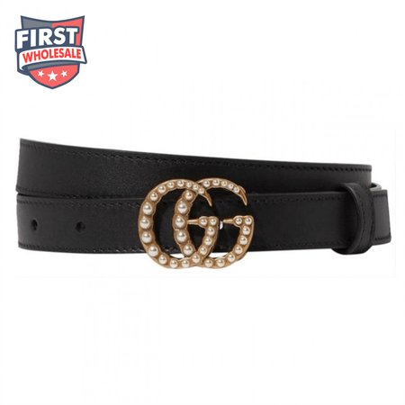 GUCCI BLACK FAUX PEARL-EMBELLISHED LEATHER BELT - B44