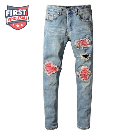 Amiri Bandanna Rip Jeans Light Blue /Red