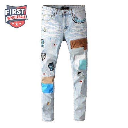 Amiri Bear Patch Rip Jeans Light Blue