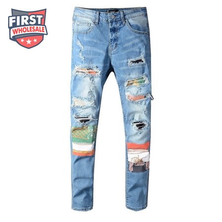 Amiri Chain Design Rip Jeans Light Blue