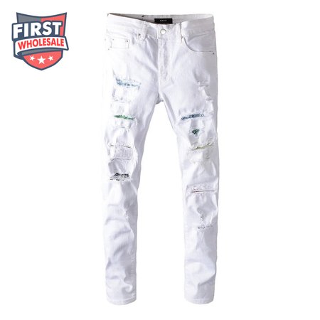Amiri Rhinestone Rip Jeans White